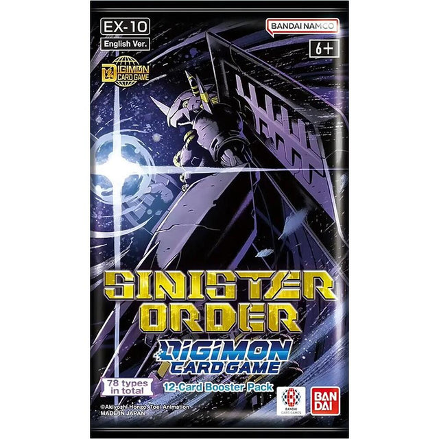 Bandai Digimon Sinister Order Booster Pack EX-10 with colorful cards, featuring Digimon characters in vibrant artwork.