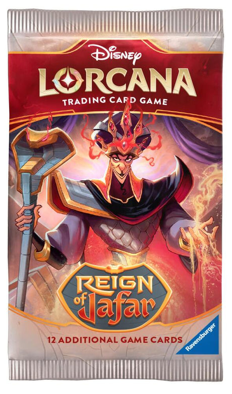 Lorcana TCG Reign of Jafar Booster Pack with colorful illustrated card art and branding on the packaging.