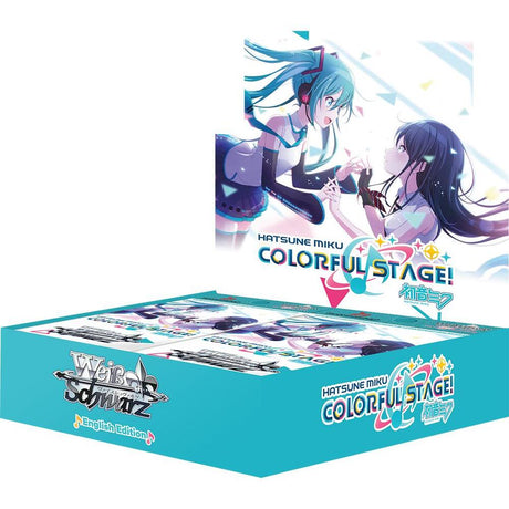 Weiss Schwarz Hatsune Miku Colorful Stage booster box with colorful anime artwork featuring Hatsune Miku on the packaging.