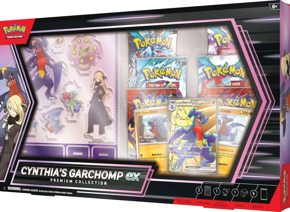 Pokemon Cynthia's Garchomp ex Premium Collection card from Hobby Addicts, featuring Garchomp ex artwork and collection packaging.