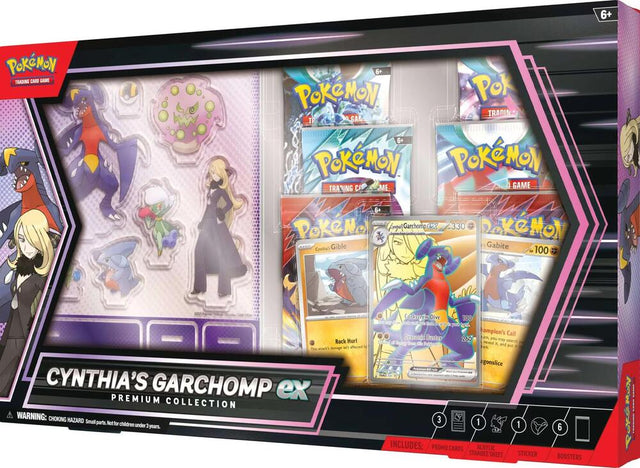 Pokemon Cynthia's Garchomp ex Premium Collection card from Hobby Addicts, featuring Garchomp ex artwork and collection packaging.