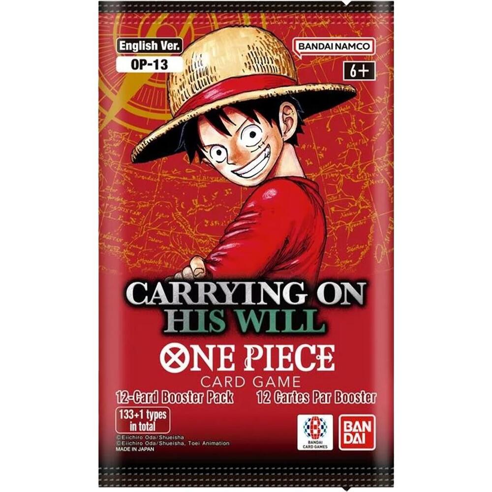 Bandai One Piece TCG Carrying On His Will Booster Pack OP-13, unopened booster pack with colorful artwork and cards inside.