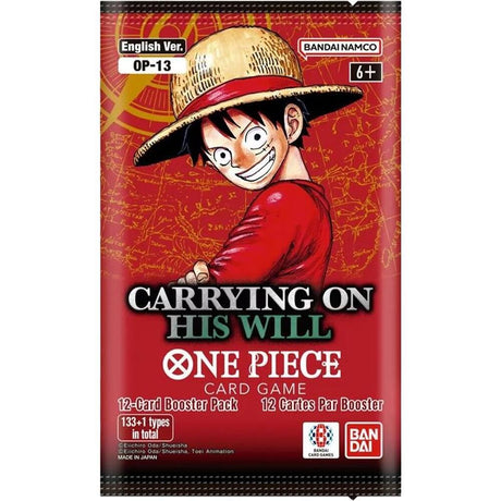 Bandai One Piece TCG Carrying On His Will Booster Pack OP-13, unopened booster pack with colorful artwork and cards inside.