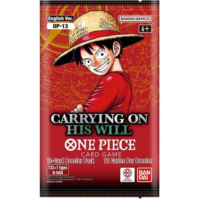 Bandai One Piece TCG Carrying On His Will Booster Pack OP-13, unopened booster pack with colorful artwork and cards inside.