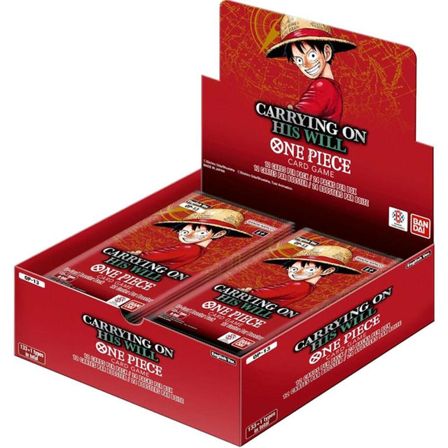 Bandai One Piece TCG Carrying On His Will Booster Box with colorful packaging and booster packs for trading card game enthusiasts.