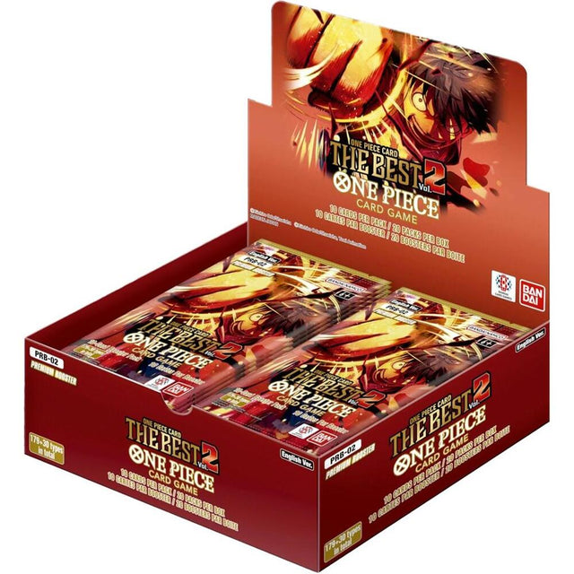 Bandai One Piece TCG The Best Vol. 2 booster box of collectible trading cards with colorful packaging and artwork.