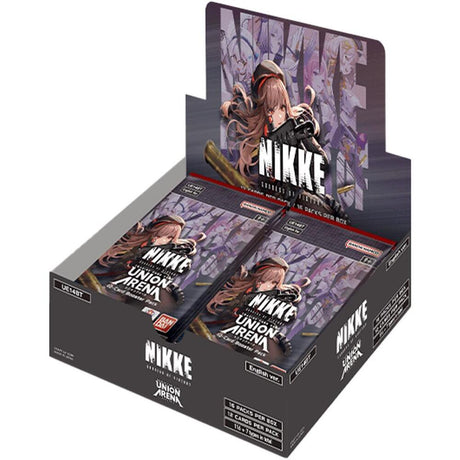 Union Arena GODDESS OF VICTORY NIKKE booster box with colorful packaging and artwork featuring game characters.