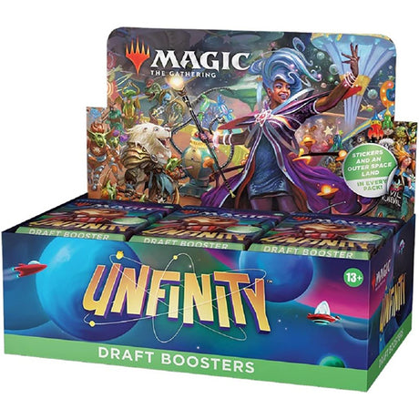 MTG Unfinity Draft Booster Box by Wizards of the Coast, featuring colorful space-themed packaging and booster packs.