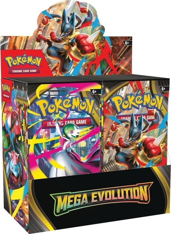 Pokemon TCG Mega Evolution Booster Box with colorful booster packs featuring popular Pokémon characters and artwork.
