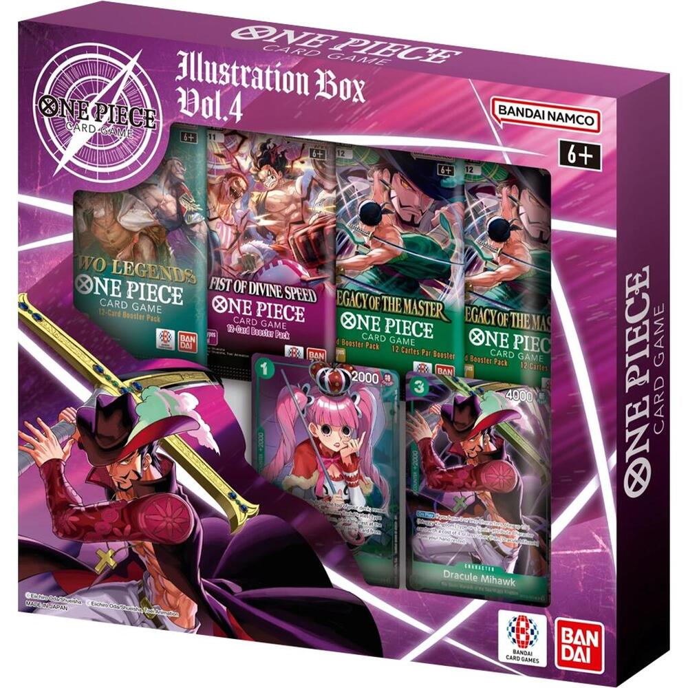 Bandai One Piece TCG Illustration Box Vol. 4 with collectible trading cards featuring vibrant character artwork.