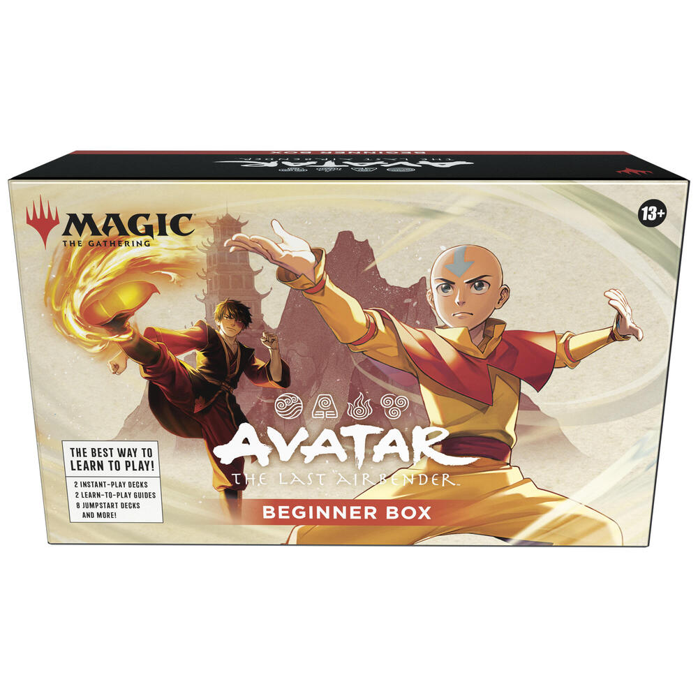 MTG Avatar The Last Airbender Beginner Box by Wizards of the Coast with game cards and accessories laid out on a table.