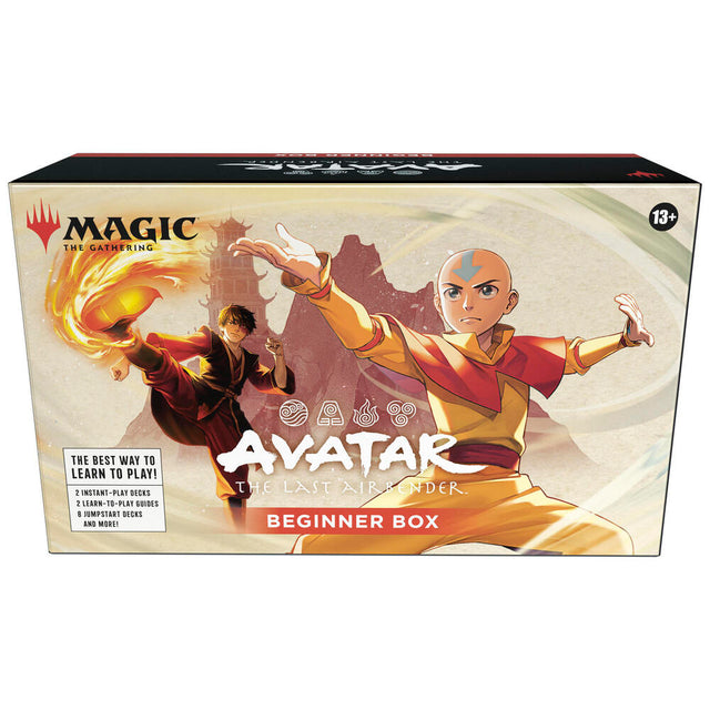MTG Avatar The Last Airbender Beginner Box by Wizards of the Coast with game cards and accessories laid out on a table.