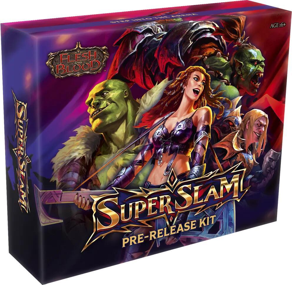 Flesh and Blood Super Slam Prerelease Kit from Legends Story Studios featuring collectible trading cards and promotional materials.