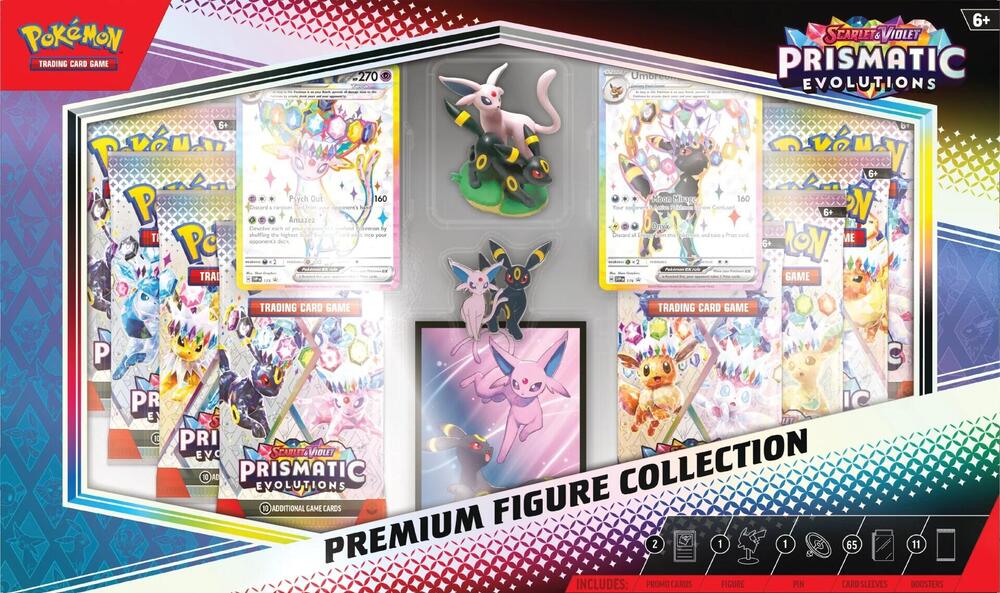 Pokemon Prismatic Evolutions Premium Figure Collection by Hobby Addicts featuring detailed collectible figures on display.