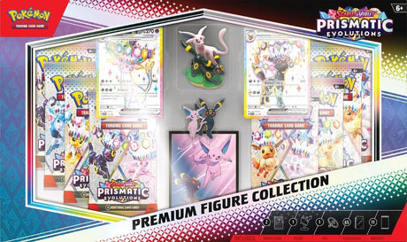 Pokemon Prismatic Evolutions Premium Figure Collection by Hobby Addicts featuring detailed collectible figures on display.