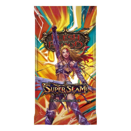 Flesh and Blood Super Slam Booster Pack of collectible trading cards by Legends Story Studios, open to reveal cards inside.