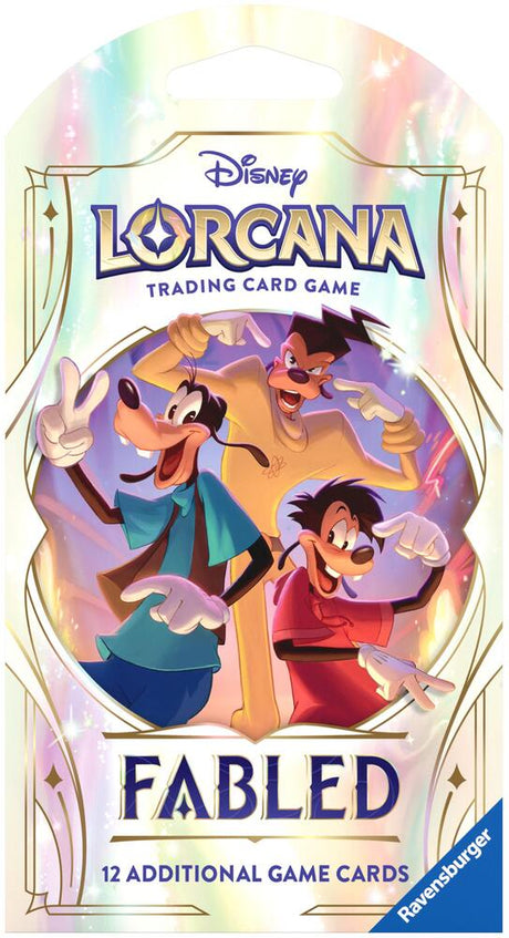 Lorcana TCG Fabled Sleeved Booster Pack with colorful game-themed artwork and protective card sleeves.