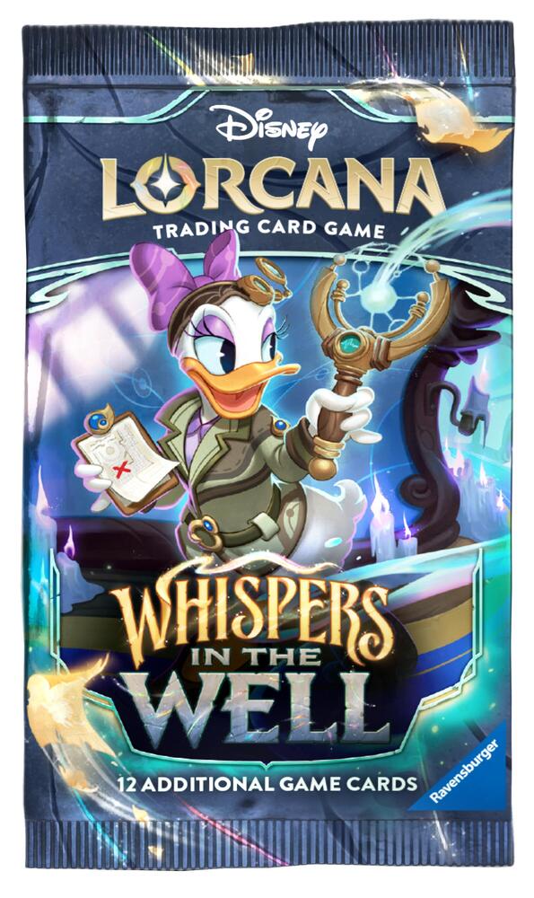 Lorcana TCG Whispers in the Well booster pack with colorful card illustrations and game branding on the packaging.