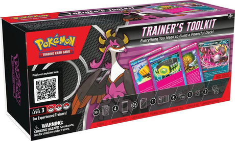 Pokémon Trainer's Toolkit 2025 for Pokémon TCG, featuring booster packs, card storage, and accessories in a colorful box.