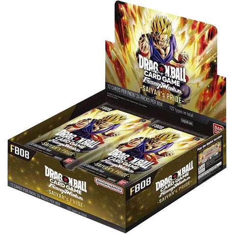 Bandai Dragon Ball Fusion World Saiyan's Pride Booster Box with colorful packaging and collectible trading cards inside.