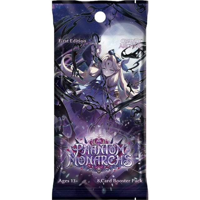 Weebs of the Shore Grand Archive TCG Phantom Monarchs 1st Edition booster pack with colorful card designs and packaging.