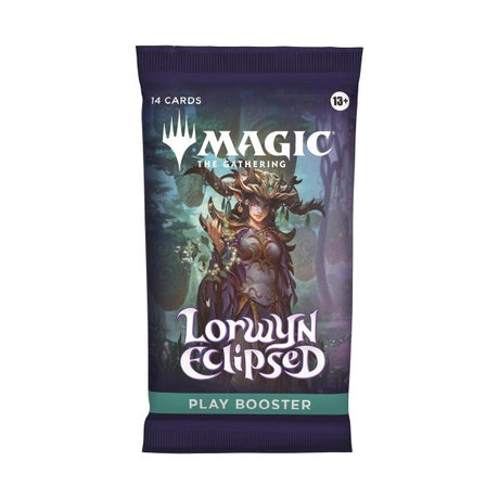 MTG Lorwyn Eclipsed Play Booster Pack by Wizards of the Coast showing colorful booster pack with fantasy-themed artwork.