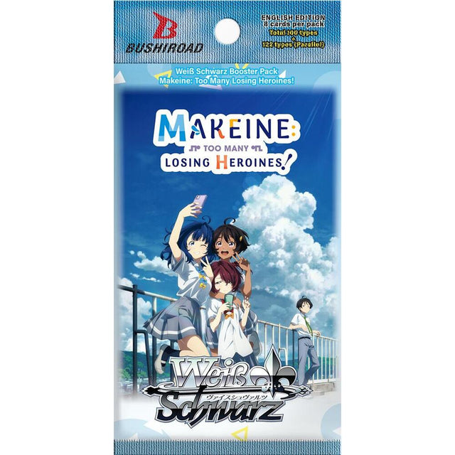 Weiss Schwarz Too Many Losing Heroines! Booster Pack by BushiRoad, featuring colorful anime-style card art and vibrant packaging.