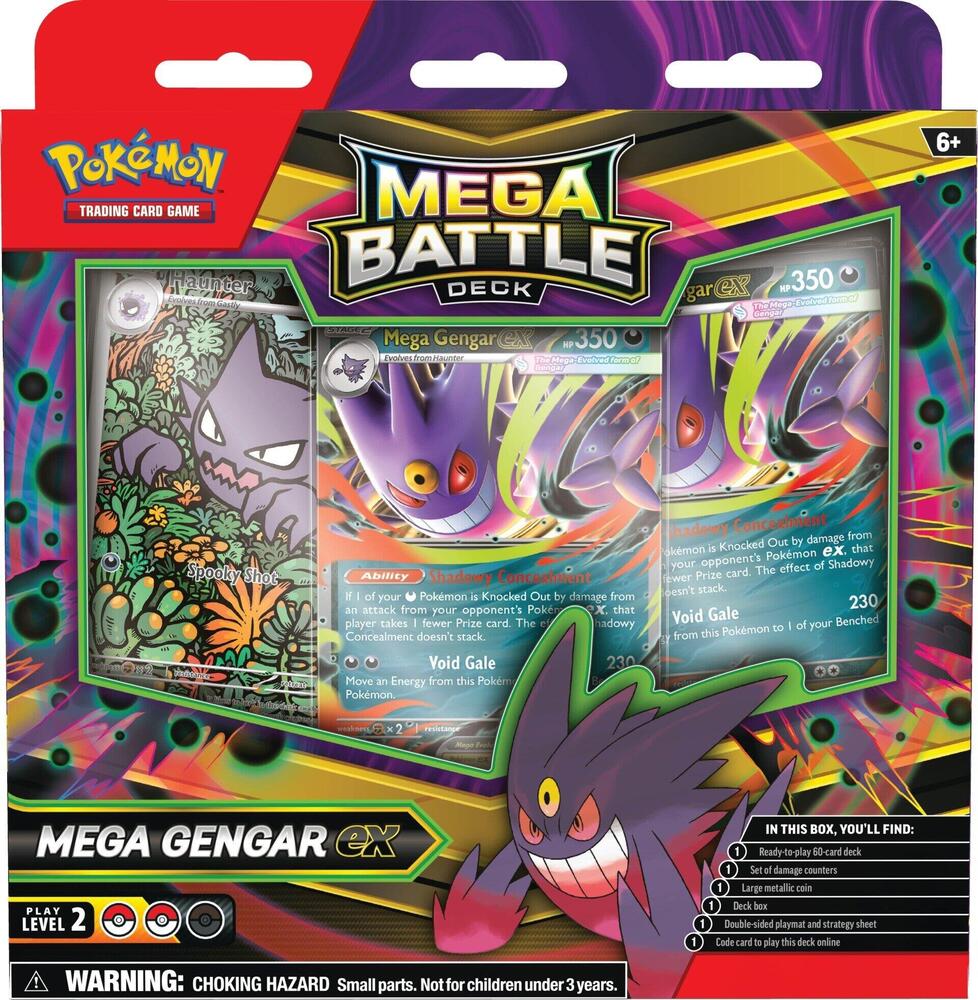 Pokémon Mega Battle Deck for Pokémon TCG featuring colorful card illustrations and game accessories on a playmat.