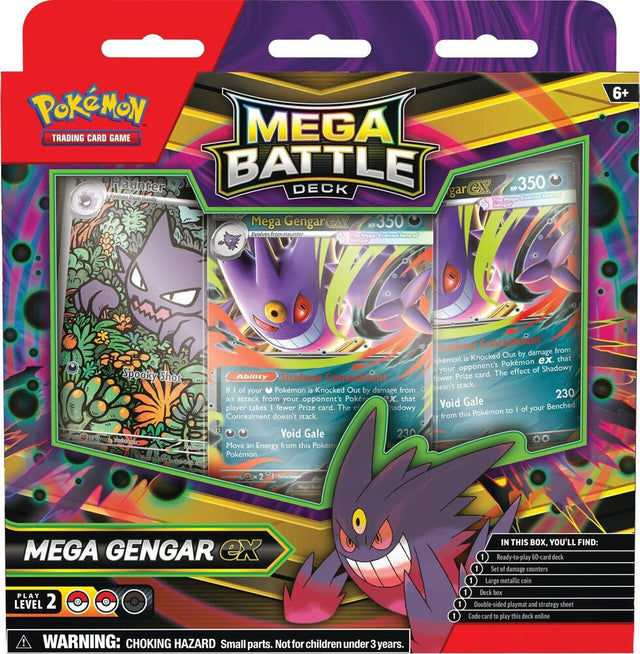 Pokémon Mega Battle Deck for Pokémon TCG featuring colorful card illustrations and game accessories on a playmat.