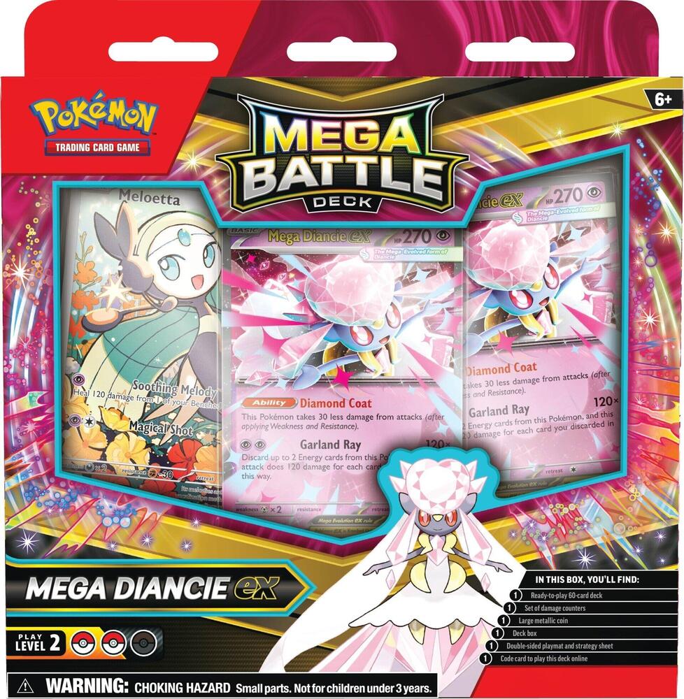 Pokémon Mega Battle Deck for Pokémon TCG, featuring colorful cards and Pokémon artwork on the deck box.