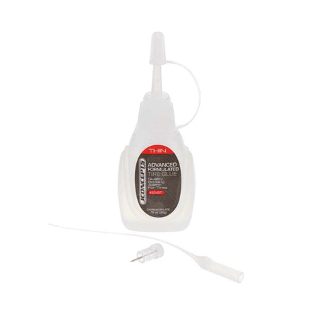 JConcepts RC car tire glue, thin formula in 0.7 oz bottle, used for attaching tires securely to RC cars.