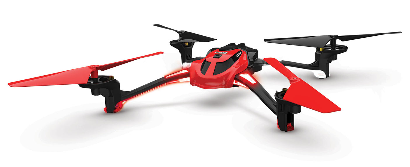 Red Traxxas LaTrax Alias remote control drone with detailed design and propellers visible from a side angle.