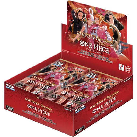 Bandai One Piece TCG Heroines Edition Booster Box, unopened sealed box with colorful packaging and promotional artwork.