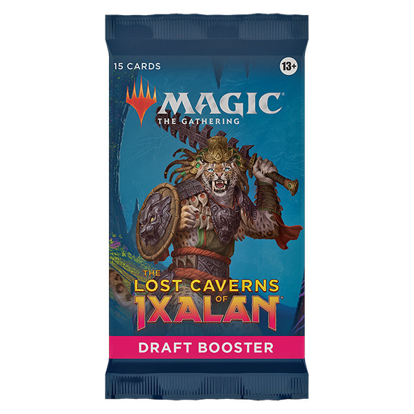 MTG Lost Caverns of Ixalan Draft Booster Pack by Wizards of the Coast, featuring colorful Magic: The Gathering cards and booster packaging.