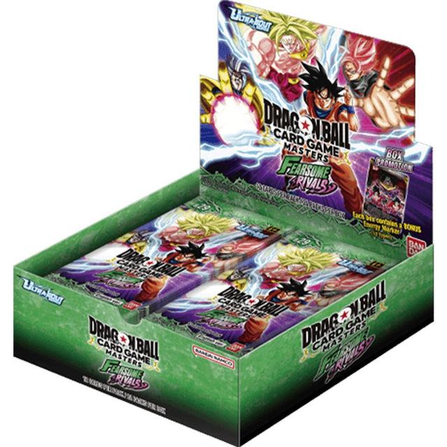 Bandai Dragon Ball Super Masters Fearsome Rivals Booster Box featuring colorful cards and vibrant Dragon Ball characters.