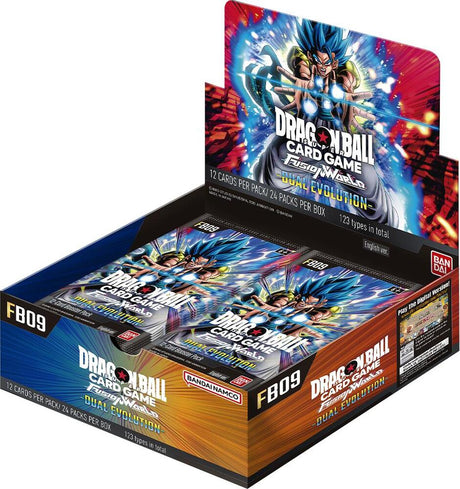 Bandai Dragon Ball Fusion World Dual Evolution Booster Box with colorful artwork and multiple booster packs on a white background.