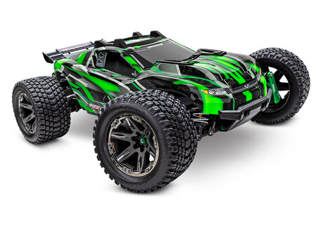 Traxxas Rustler 4X4 VXL Ultimate remote control truck with green body and detailed front view.