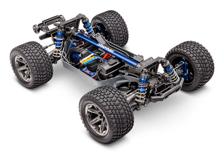 Traxxas Rustler 4X4 VXL Ultimate radio-controlled RC truck front chassis viewed from a three-quarter front angle.