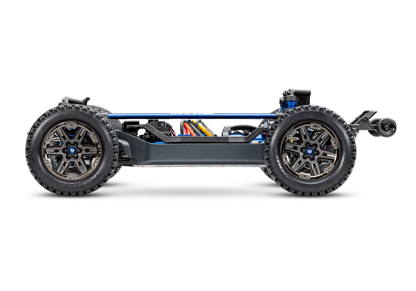 Side view of the Traxxas Rustler 4X4 VXL Ultimate remote control truck showing chassis and detailed off-road design.