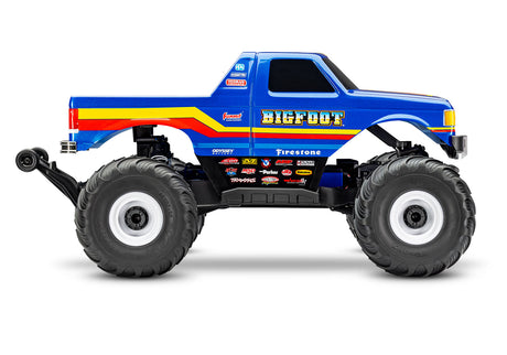 Traxxas Bigfoot 4x4 BL-2S remote control monster truck with large tires and detailed body, shown from the side.