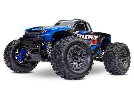Blue Traxxas Stampede 4X4 BL-2s RC truck with detailed exterior and large off-road tires on a rugged terrain.