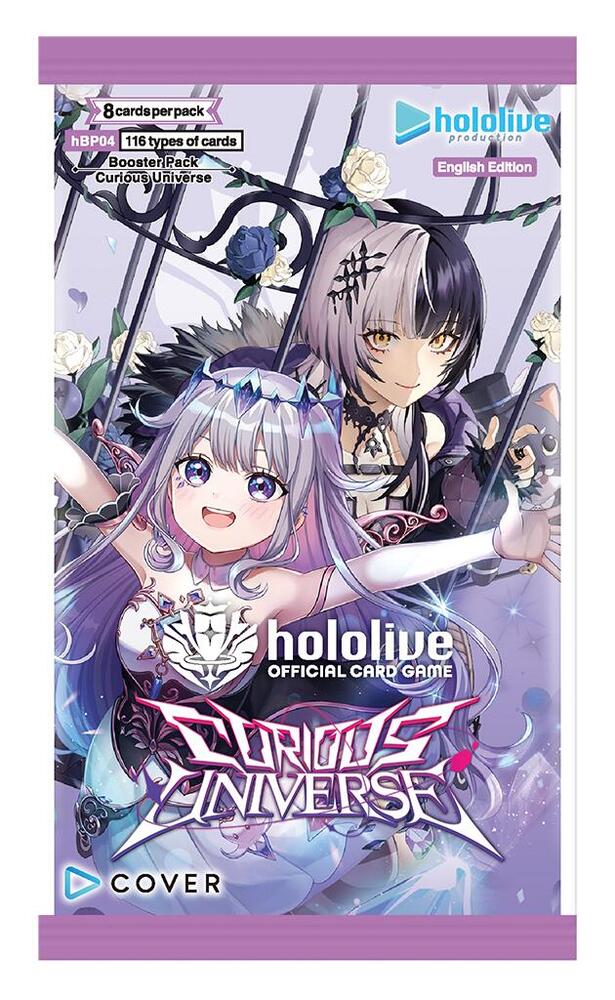 Hololive Curious Universe Booster Pack by BushiRoad, featuring colorful cards with holographic and character artwork.