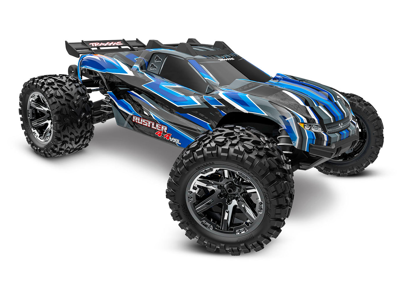 Traxxas Rustler 4X4 VXL remote control truck with blue body, front view showing rugged design and off-road tires.