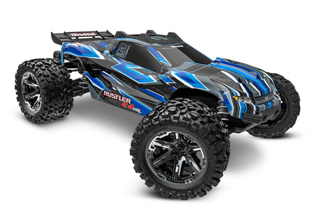 Traxxas Rustler 4X4 VXL remote control truck with blue body, front view showing rugged design and off-road tires.