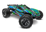 Traxxas Rustler 4X4 VXL remote control car with green body and detailed front view, showcasing its rugged off-road design.