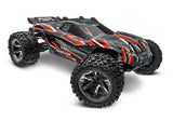 Red Traxxas Rustler 4X4 VXL remote control car shown from a three-quarter front angle.