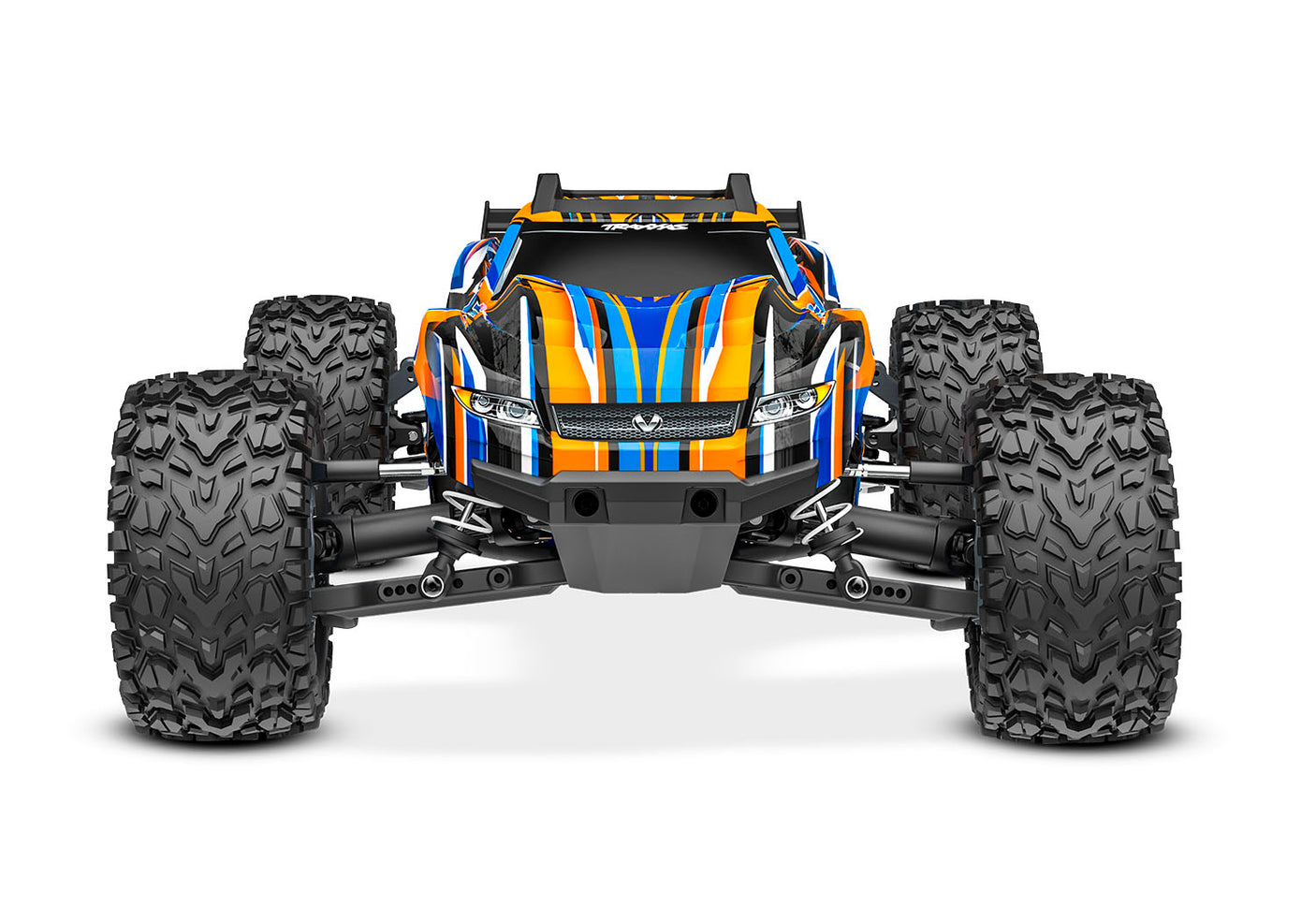 Traxxas Rustler 4X4 VXL radio-controlled monster truck with orange body and detailed front view.