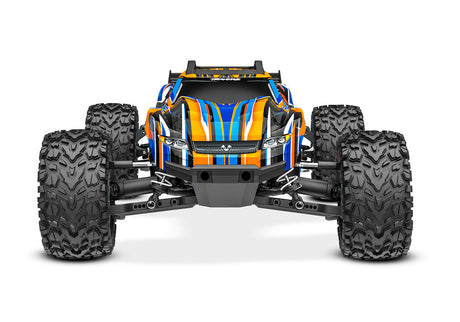 Traxxas Rustler 4X4 VXL radio-controlled monster truck with orange body and detailed front view.