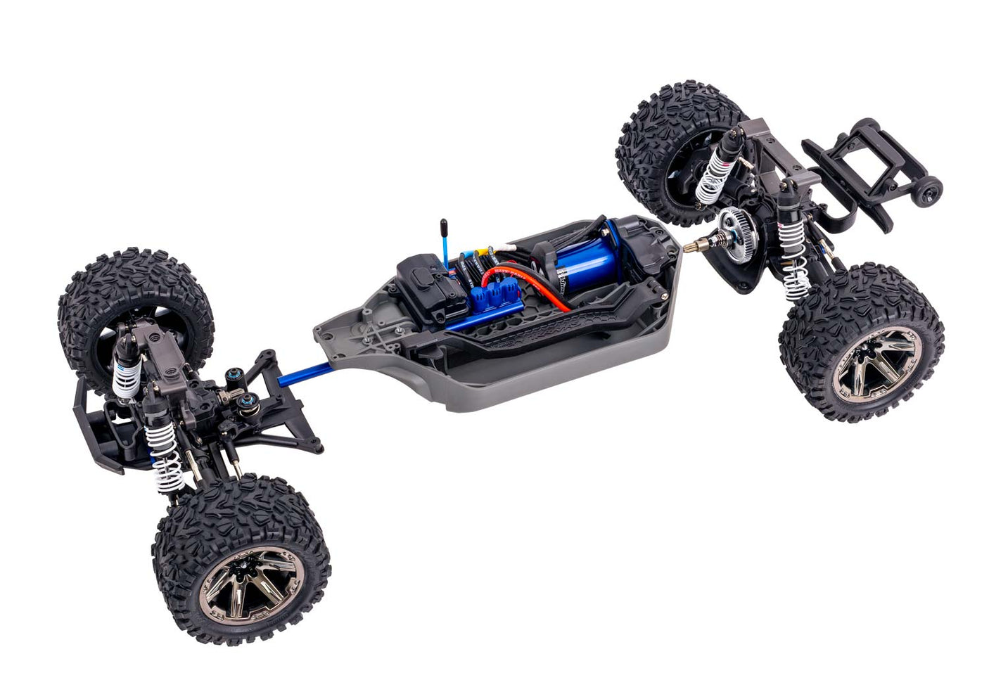 Traxxas Rustler 4X4 VXL RC truck with modular chassis, rugged off-road tires, and detailed body design for high-performance racing.