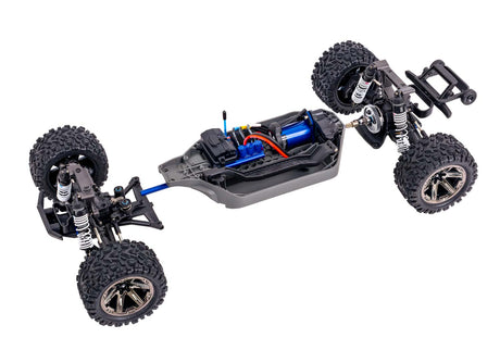 Traxxas Rustler 4X4 VXL RC truck with modular chassis, rugged off-road tires, and detailed body design for high-performance racing.